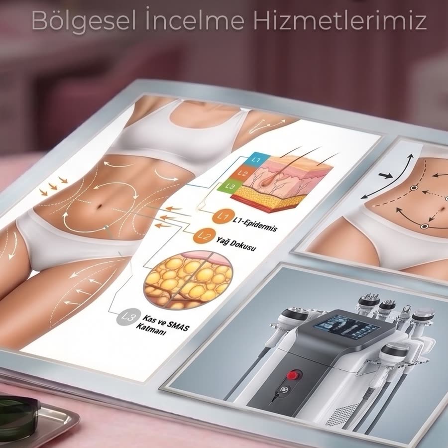 Bölgesel incelme uygulamasının vücut bölgelerini ve cihazını gösteren tanıtım görseli