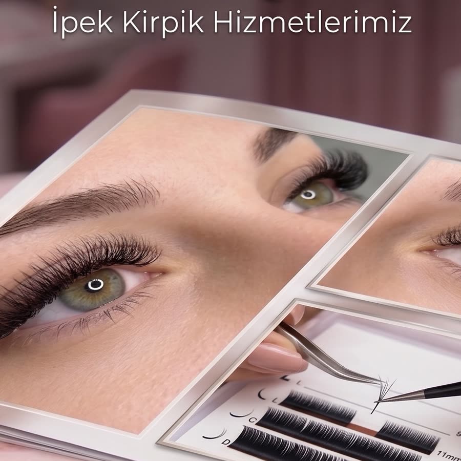 İpek kirpik uygulaması ve farklı kıvrım/uzunluk seçeneklerini gösteren tanıtım görseli