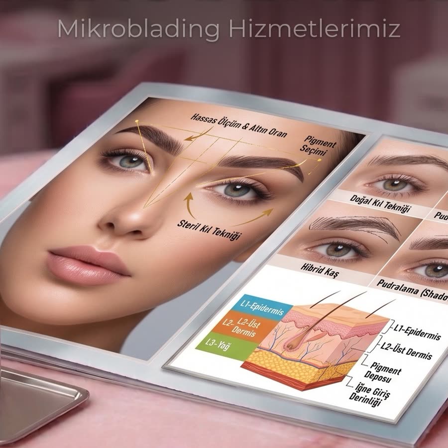 Mikroblading kaş tasarımında ölçüm, pigment seçimi ve uygulama tekniklerini gösteren tanıtım görseli