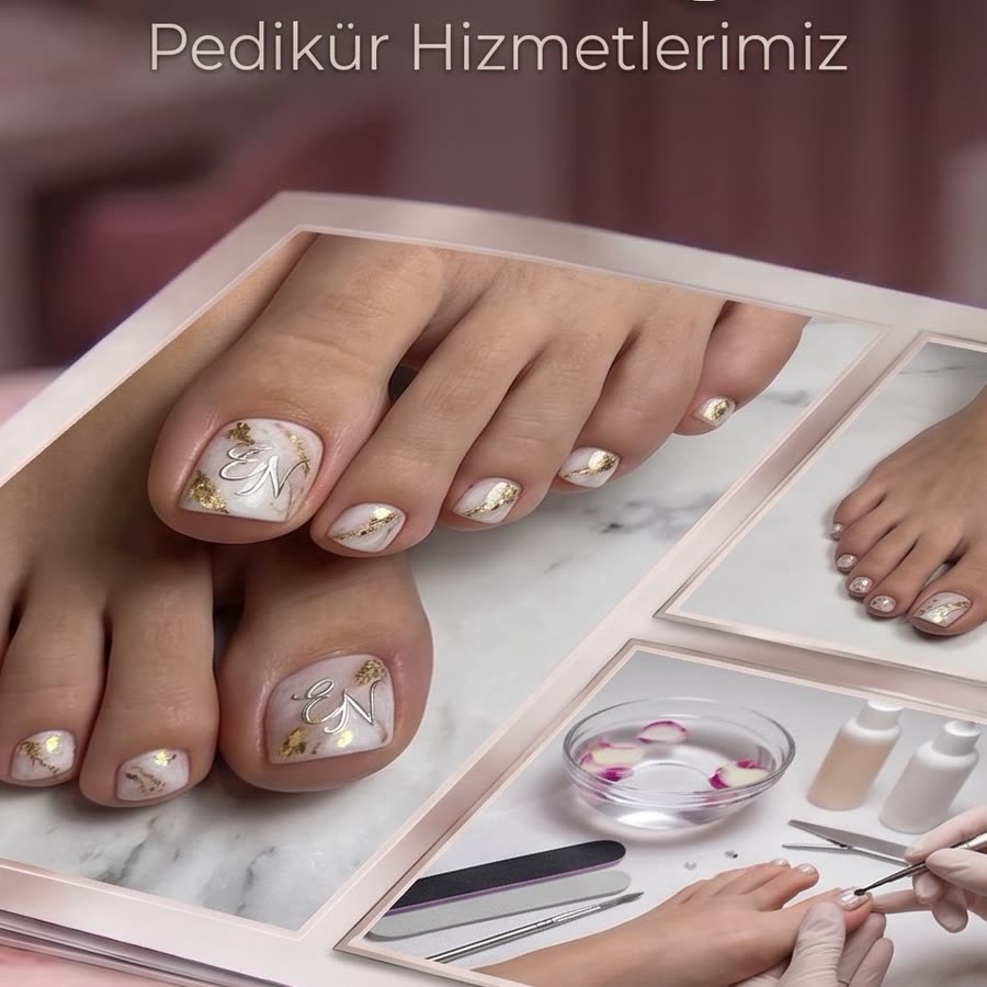 Altın varak detaylı, mermer efektli pedikür çalışması ve bakım malzemeleri